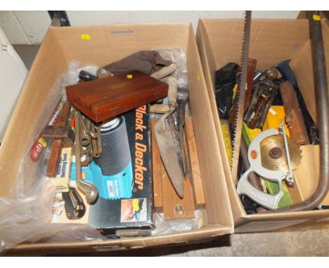 TWO BOXES OF TOOLS TO INCLUDE PLANES, HEAT GUN ETC