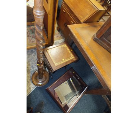 AN OAK BARLEYTWIST STANDARD LAMP TOGETHER WITH A SMALL TABLE AND CABINETS ETC 