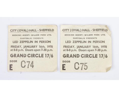 Two music concert ticket stubs for Led Zeppelin at Sheffield City Hall, Friday 16th January 1970. Seats C74 and C75.