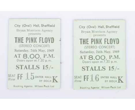 Two music concert ticket stubs for Pink Floyd at Sheffield City Hall, Saturday 24th May 1969. Seats FF15 and FF16.