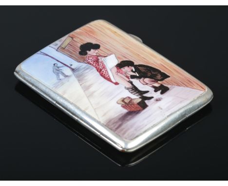 A George V silver cigarette case with enamel decoration depicting humerous scene. Assayed Birmingham 1935 by Joseph Gloster L