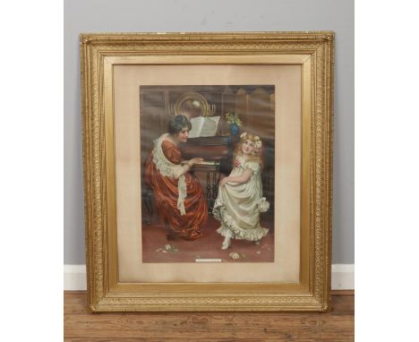 A 19th century gilt wood frame housing an antique lithograph print, titled The Dancing Lesson. Aperture 73.5cm x 61.5cm, tota