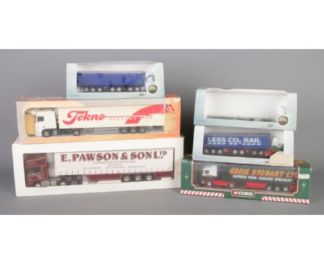 A mixed collection of vintage diecast trucks, including Eligor Volvo FM Box Trailer (1/43), Corgi Eddie Stobart Lorry (1/64),