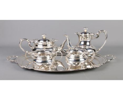 A silver plate tea service on tray produced by Cooper Bro's consisting of tea pot, coffee pot, jug and sugar bowl.