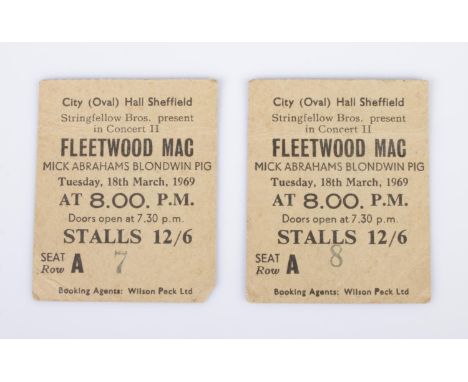 Two music concert ticket stubs for Fleetwood Mac at Sheffield City Hall, Tuesday 18th March 1969. Supported by Mick Abrahams 