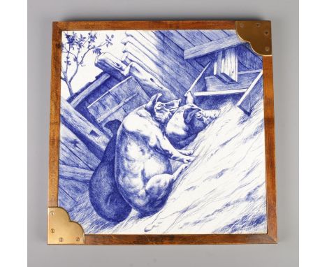 A large Victorian Mintons blue and white transfer printed tile/plaque in wooden frame. Approximately 30cm x 30cm.