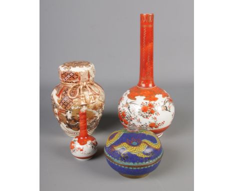A collection of oriental wares including cloisonne trinket box, Kutani bud vases and ginger jar.