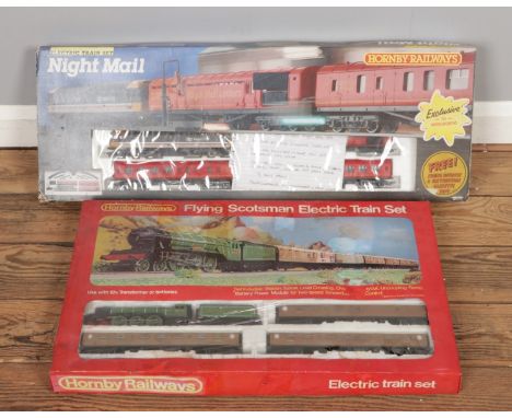 Two vintage Hornby train sets: "Flying Scotsman" (R549) with "Night Mail" (R591), both OO Gauge (1:76 scale) and boxed. Box s