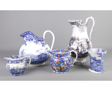 A box of 19th century pottery jugs, all with transfer printed decoration. Includes Mintons, Adams Cattle Scenery etc.