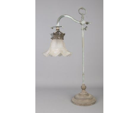 19th century rise and fall desk lamp fitted with a frosted glass frilled shade.