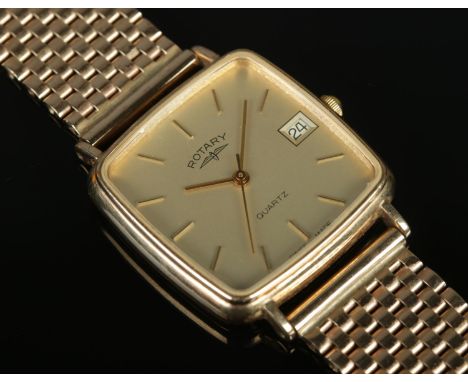 A gents 9ct gold Rotary quartz wristwatch on 9ct gold bracelet strap. With date display and baton markers. Total weight 47.16