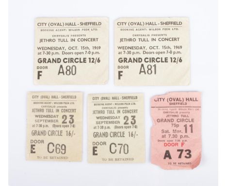 Five Jethro Tull ticket stubs for Sheffield City Hall. Includes 15th October 1969, 23rd September 1970 and 11th March 1972.