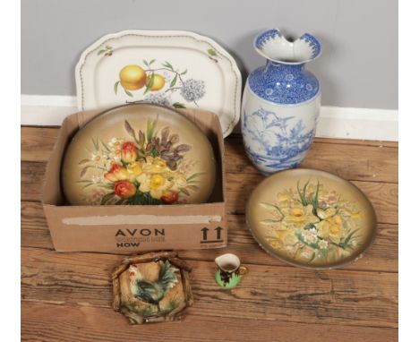 A box of mixed ceramics. Includes Bossons, cockerel wall plaque, Japanese vase, Spode Peach/Hawthorn Blossom platter etc.
