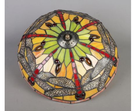 A stained glass Tiffany style ceiling light, with dragonfly &amp; floral design and two bulb sockets, diameter 36cm.  In good