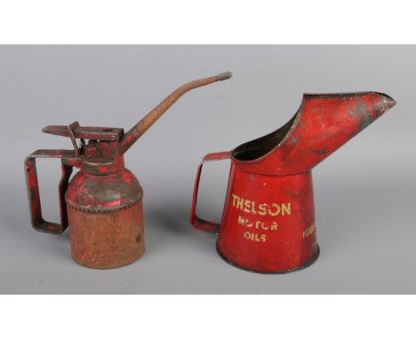 Two vintage oil cans to include a Thelson Tractor oils/Motor oils can, Kenneth Thelwall Limited Doncaster.