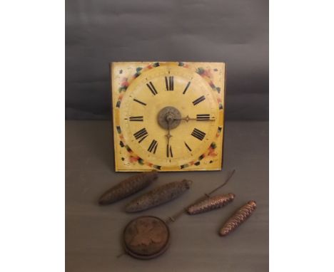 A Black Forest wall clock with painted face decorated with flowers, central dial with alarm, 11'' square, Best Bid