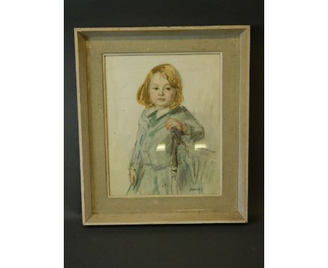 A watercolour and pencil portrait of a child by a chair, signed Apperley, 13'' x 16¼''