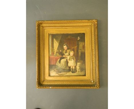 An oil on canvas, portrait of a seated Grandmother and Grandchild in an interior, inscribed to frame 'Poole - His Only Pair',