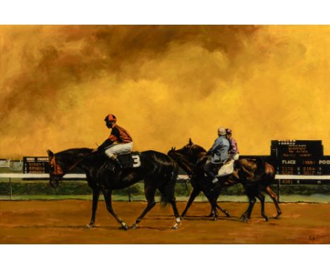American, b. 1933The Acorn StakesSigned Apt (lr)Oil on Masonite23 3/4 x 35 1/2 inches (70.5 x 90.2 cm)(Framed 28 3/4 x 40 1/2