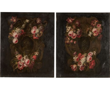Still Lifes of Flowers with Urns inset with Portrait Medallions of a Roman Emperor and Empress: A PairOil on canvasEach 24 x 