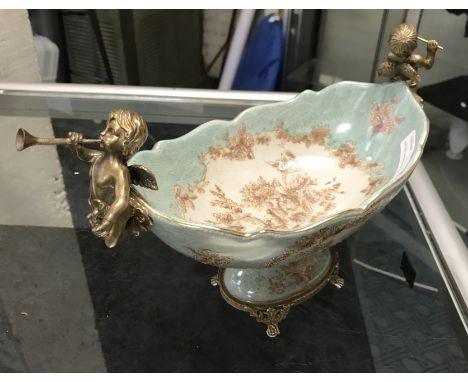 BRONZE &amp; PORCELAIN CHERUB BOWL - 30 CMS