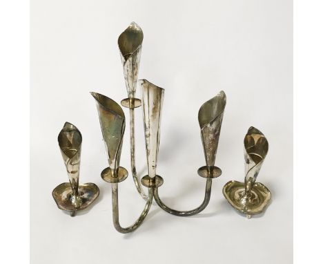 4 BRANCH SCANDINAVIAN SILVER PLATED CANDLESTICK WITH 2 OTHER SMALL CANDLESTICKS - LARGEST 23 CMS (H)
