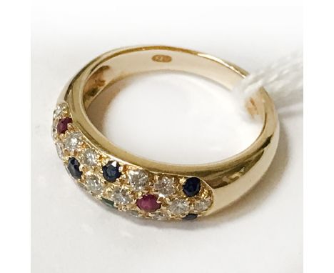 18CT GOLD SAPPHIRE, EMERALD, RUBY &amp; DIAMONDRING -SIZE L