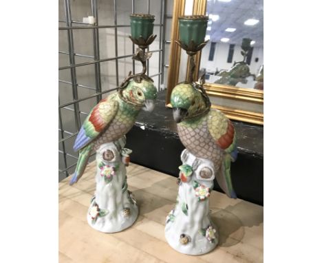 PAIR BRONZE &amp; PORCELAIN PARROT CANDLESTICKS - 36 CMS