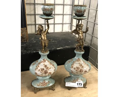 PAIR OF BRONZE &amp; PORCELAIN CHERUB CANDLESTICKS - 36 CMS
