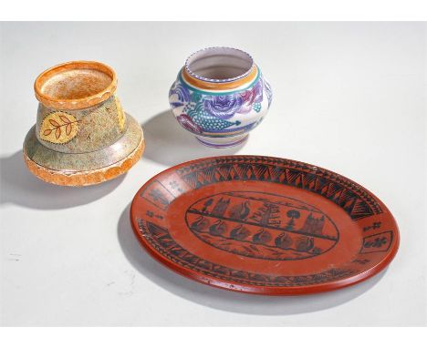 Poole pottery vase, together with a Burliegh ware vase and a Scottie Wilson dish, (3)