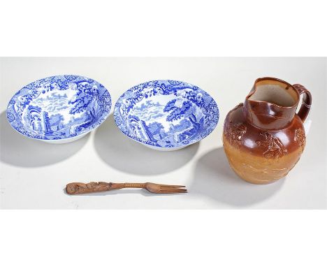 Two Copeland bowls, with transfer decoration, a stoneware jug and a carved fork, (4)