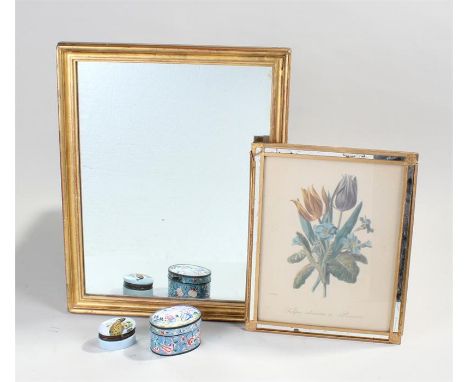 Gilt framed mirror, together with a flower print and a Chinese enamel pot and lid, (3)