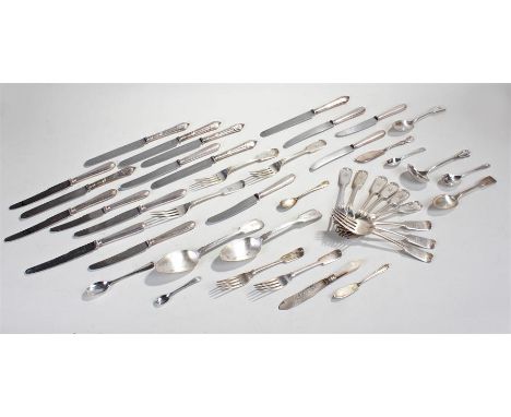 Quantity of silver plated flatware, to include knives and forks, spoons, a ladle, a mother of pearl handled knife, (qty)