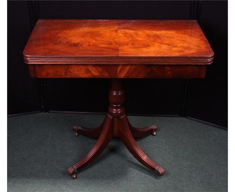 George III style card table, the fold over top with turned vase column above reeded legs, 86cm wide