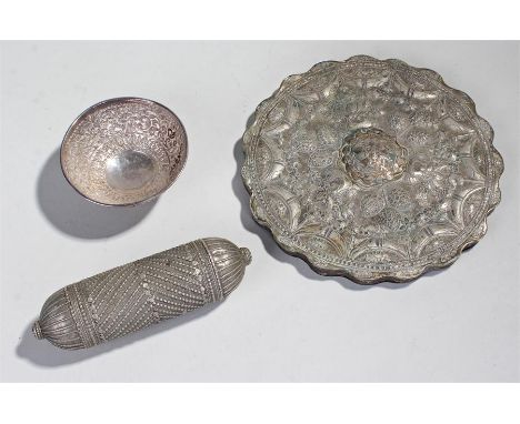 Indian white metal, to include a bowl and a plaque, together with a Middle Eastern white metal manuscript case, (3)