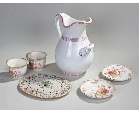 Masons type pottery strainer tray, together with a large pair of cups and saucers and a large jug