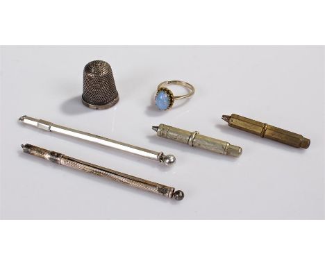 Mixed objects, to include a silver swizzle stick, another swizzle stick, pencils, a thimble and ring, (6)