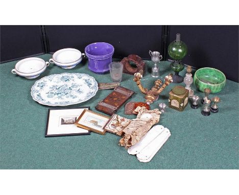 Mixed lot to include green glass oil lamp, Harrods tea tin, small trophy cups, etc. (qty)