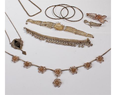 Eastern white metal jewellery, consisting of brooches, necklace, bangle, chain, pendant. etc, (qty)