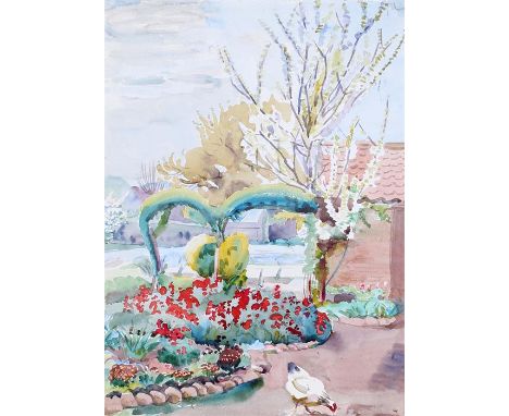 Russell Sidney Reeve (1895-1970) chicken on a patch, artist mark to the reverse, watercolour, 28cm x 38cm unframed