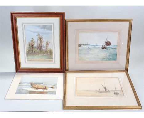 Four pictures, to include two seascape watercolours, a print of a walrus and another watercolour, (4)