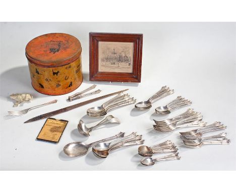 Silver plated flatware, together with a framed print, a tin, monogram book etc, (qty)