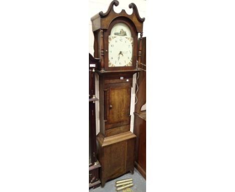 Oak cased longcase clock with painted face and pendulum (no weights)