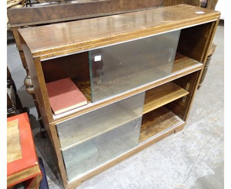 Three shelf oak bookcase with  sliding glass doors 89 x 23 x 80 cm H