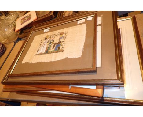 Selection of mixed pictures including a silk print an Egyptian Papyrus and four prints 