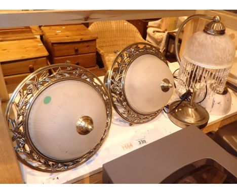 Pair of glass dome hanging ceiling lights a wall light and a table lamp