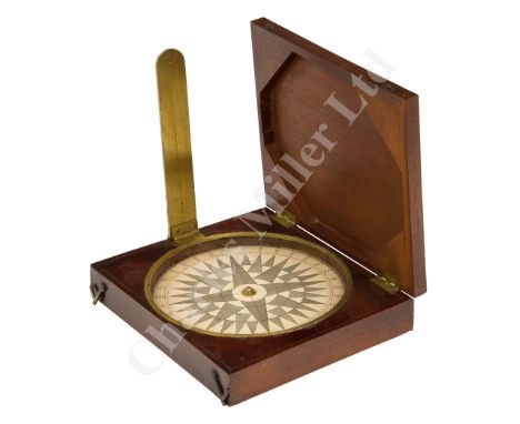 AN EARLY 19TH CENTURY SURVEYOR'S COMPASS unsigned , with 7½in. manuscript and hand-coloured card and jewelled pivot, containe