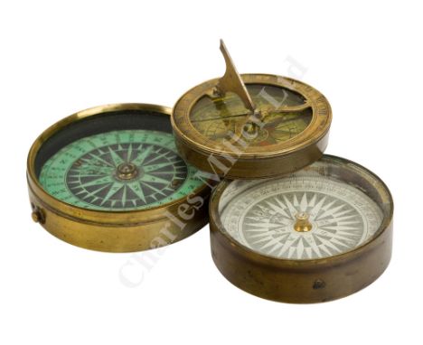 AN 18TH CENTURY POCKET COMPASS SUNDIAL unsigned , with 2in. polychromed paper dial, blued steel needle, apparently original g