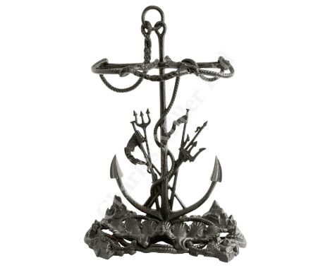 A DECORATIVE MARINE THEMED CAST IRON STICK STAND, POSSIBLY COALBROOKDALE, CIRCA 1890 with a fouled anchor back with tridents 