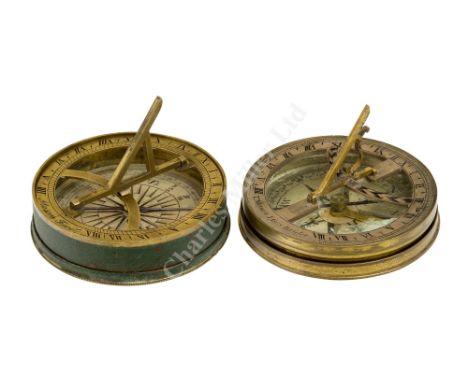 A 18TH CENTURY POCKET COMPASS SUNDIAL BY T. MASON, ESSEX BRIDGE the 2½in. silvered dial with blued steel needle on jewelled p